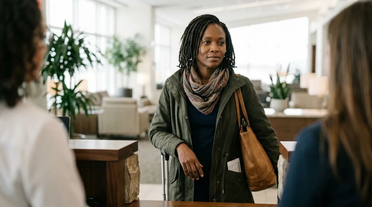 Traveler at a quiet lounge welcome desk without readable logos