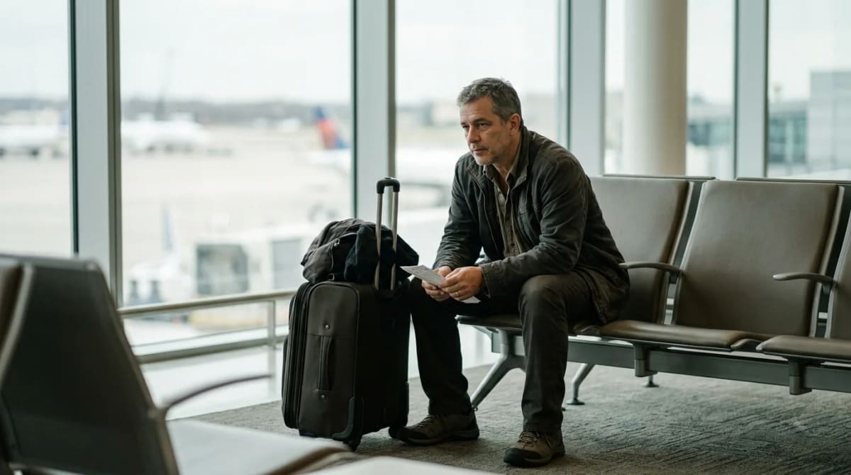 Traveler pausing in a terminal corridor deciding on guest access