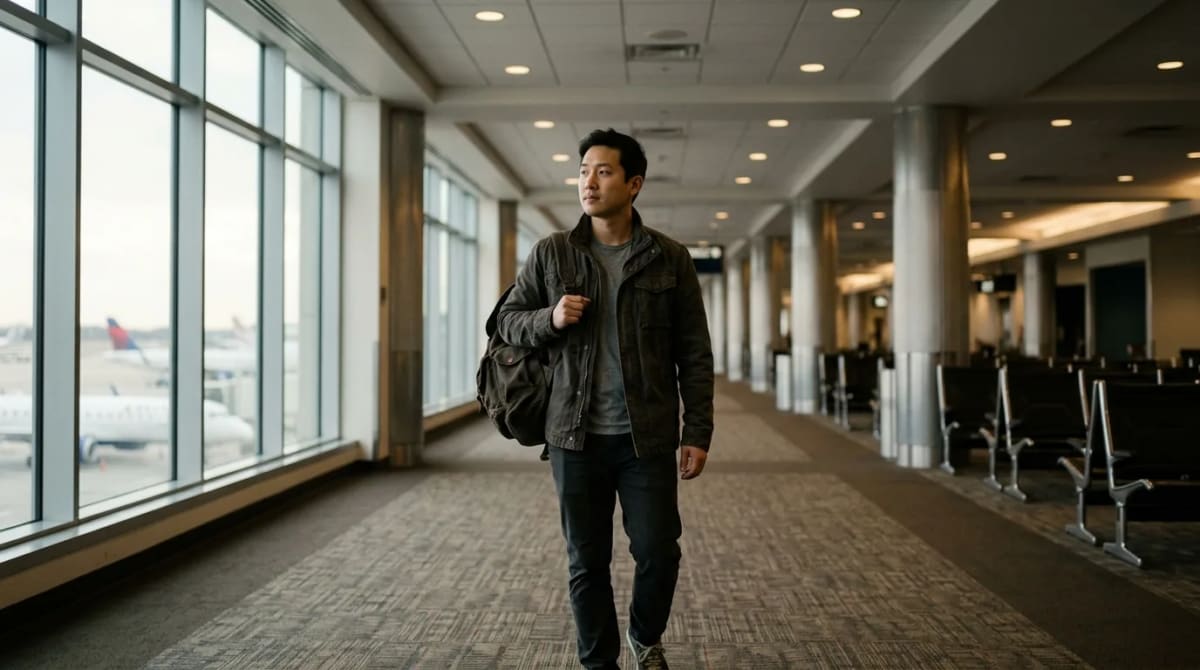 Traveler waiting in a phone-free airport corridor before lounge entry