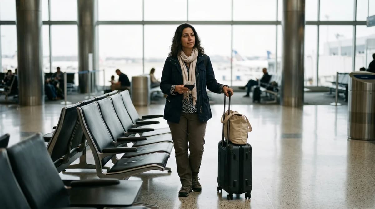 Traveler comparing lounge options near a calm gate holdroom