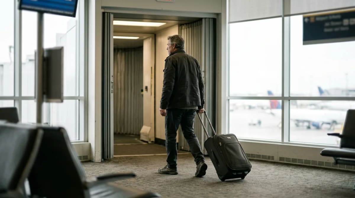 Traveler walking toward a jet bridge after a lounge visit