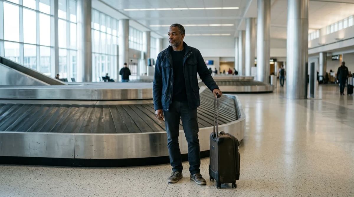 Traveler at uncrowded baggage claim reviewing Freedom Unlimited vs Flex at a glance