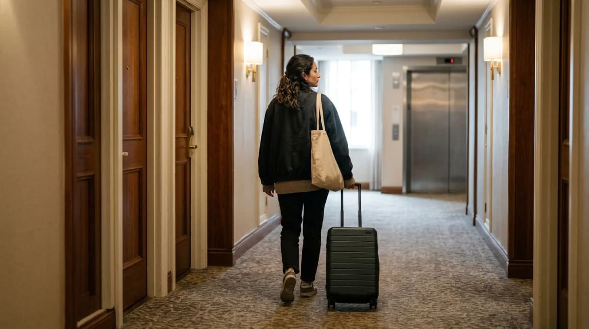 Traveler rolling a suitcase down a hotel corridor after choosing Unlimited or Flex