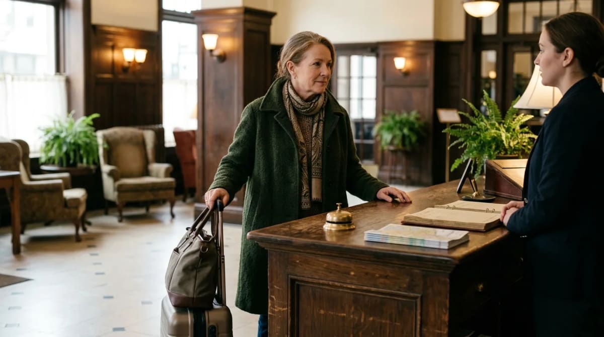 Traveler at a hotel concierge desk after settling an Unlimited vs Flex verdict