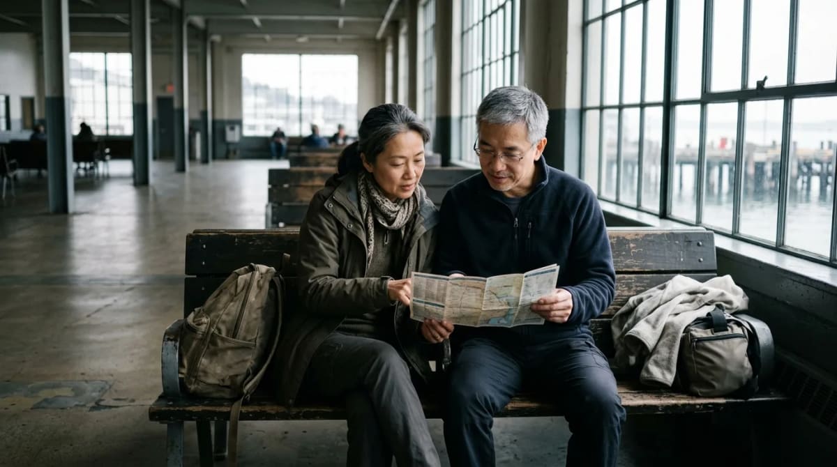 Couple at a ferry terminal bench sharing real-world Unlimited vs Flex examples