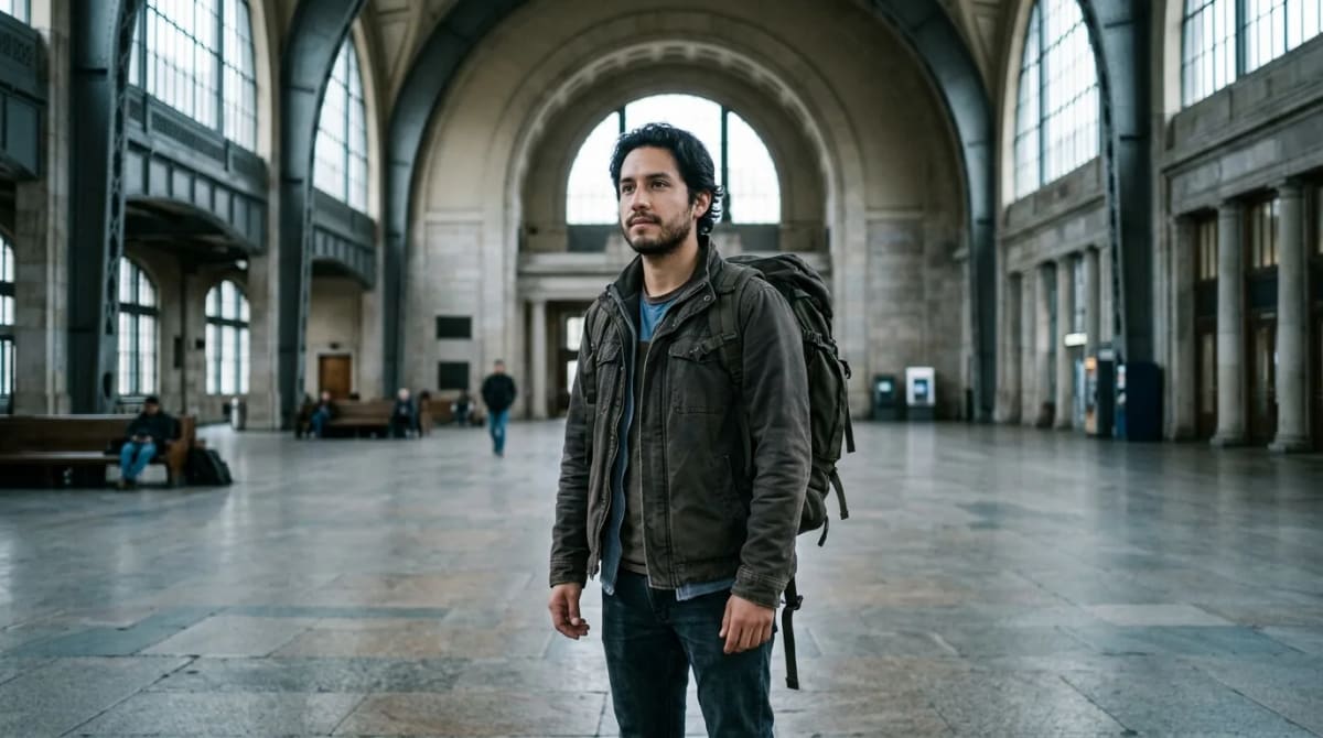 Traveler in a train-station hall comparing Unlimited vs Flex earn rates