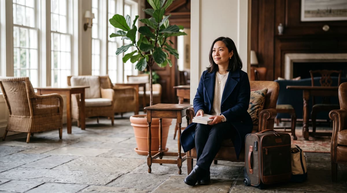Woman waiting with a carry-on in a quiet sunlit hotel lobby