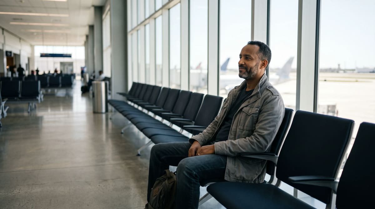 Traveler seated at a sparse airport gate with large windows