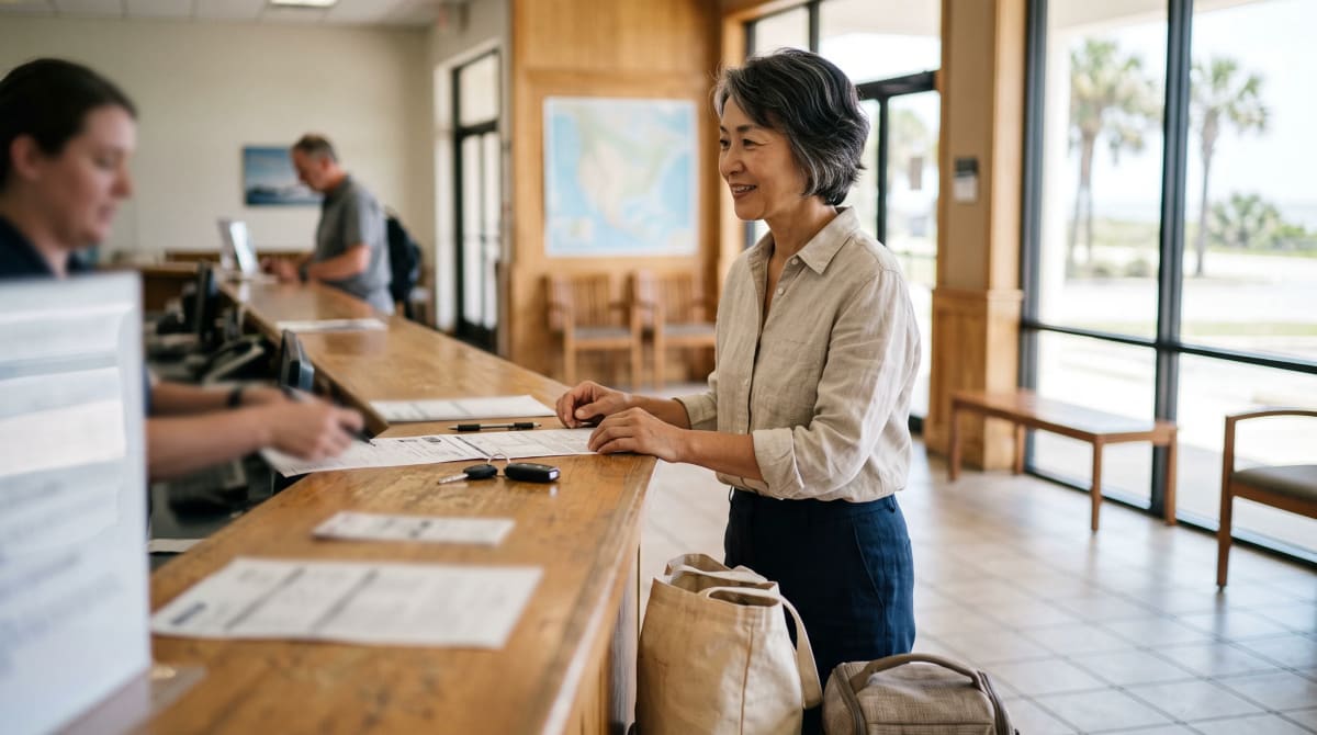 Traveler at a bright rental car counter with blurred paperwork