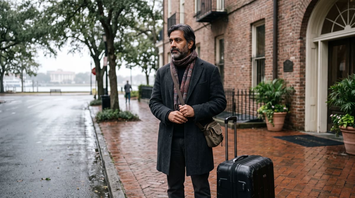 Traveler with a suitcase waiting at an uncrowded hotel curb