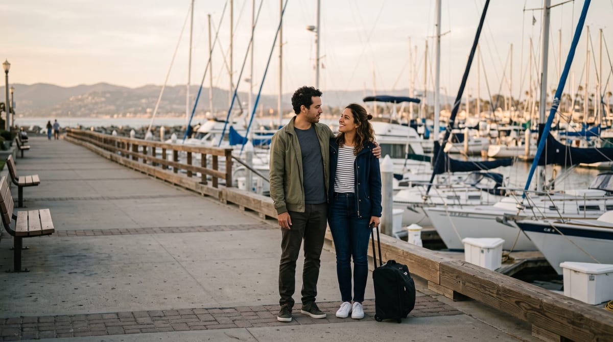 Couple with a small roller bag on a quiet marina promenade