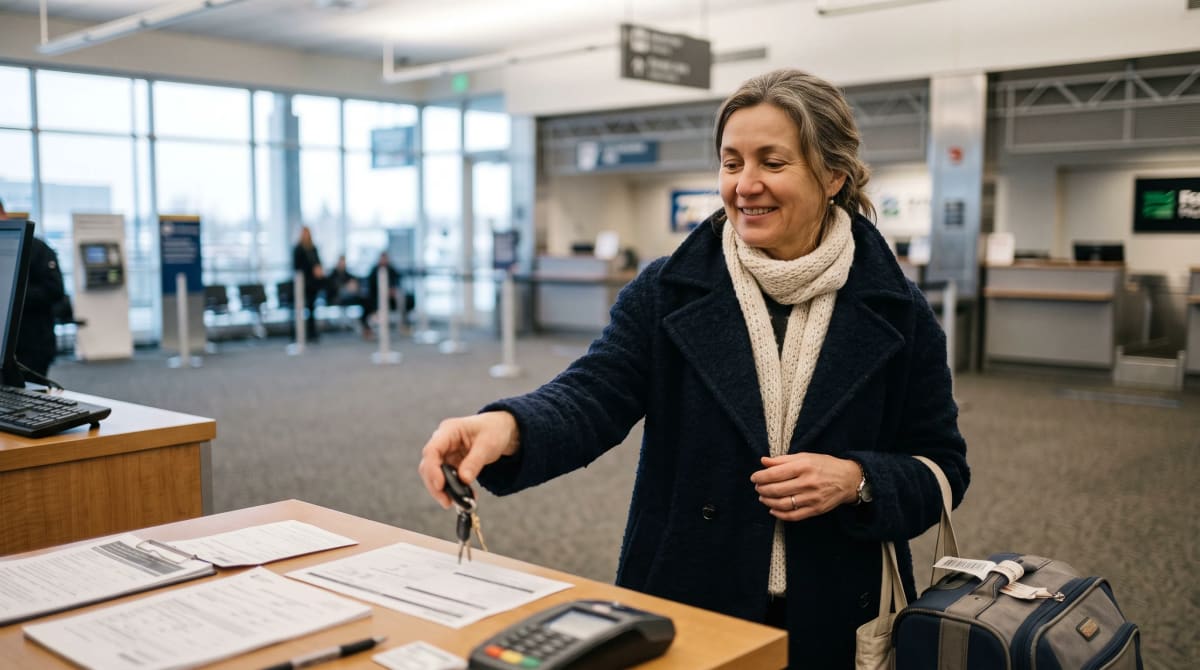 Woman receiving car keys at a quiet rental counter in early morning light