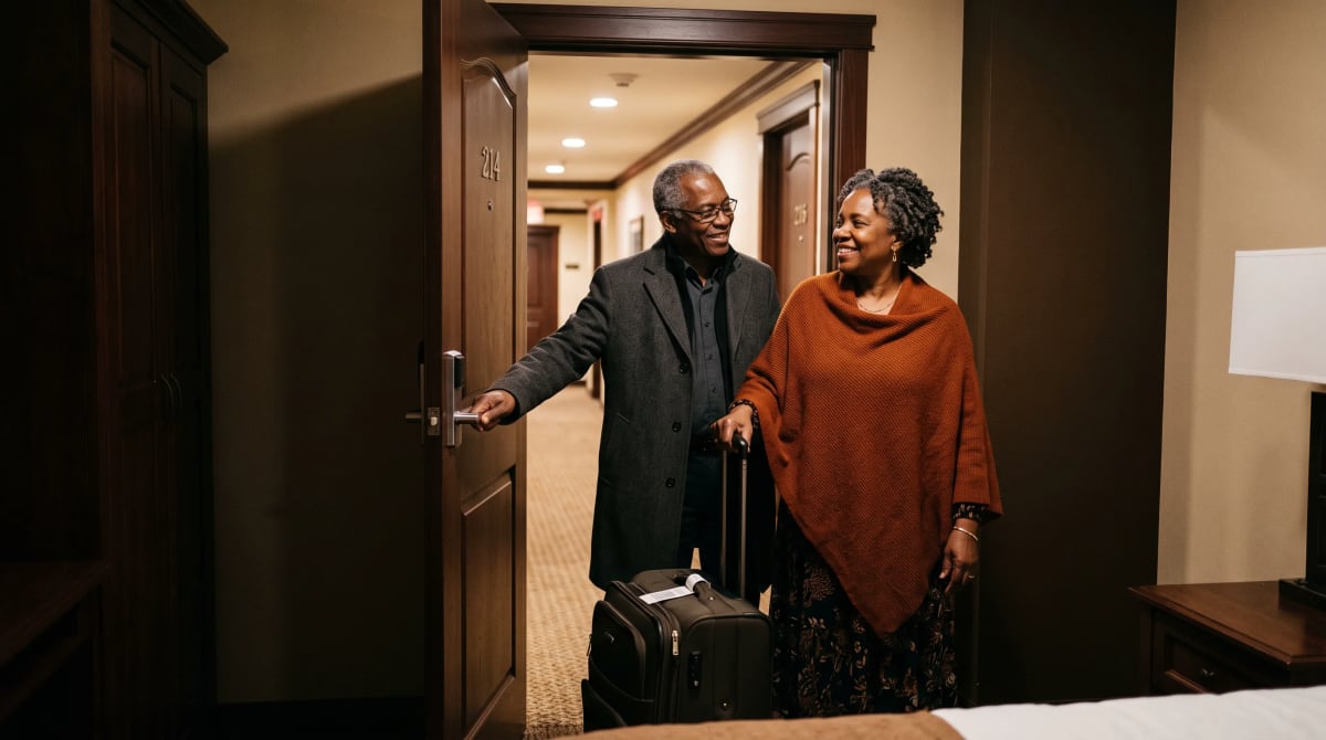 Couple leaving a hotel room into a quiet corridor in late evening