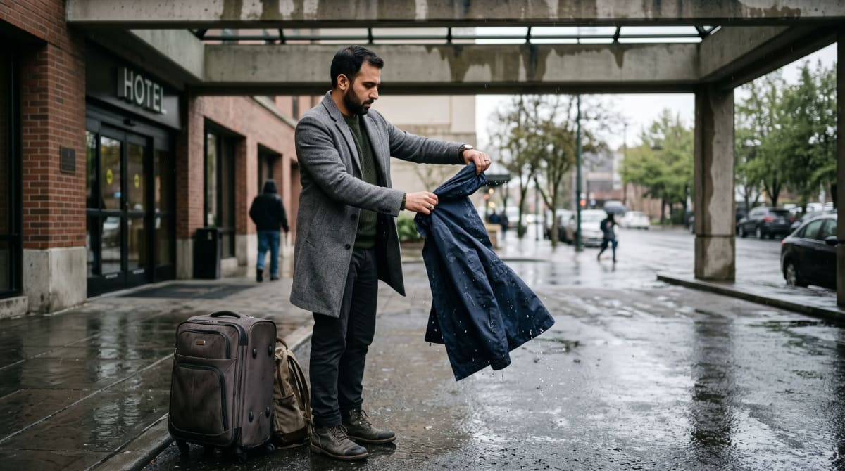 Man folding a rain jacket under a hotel porte-cochère on a wet morning