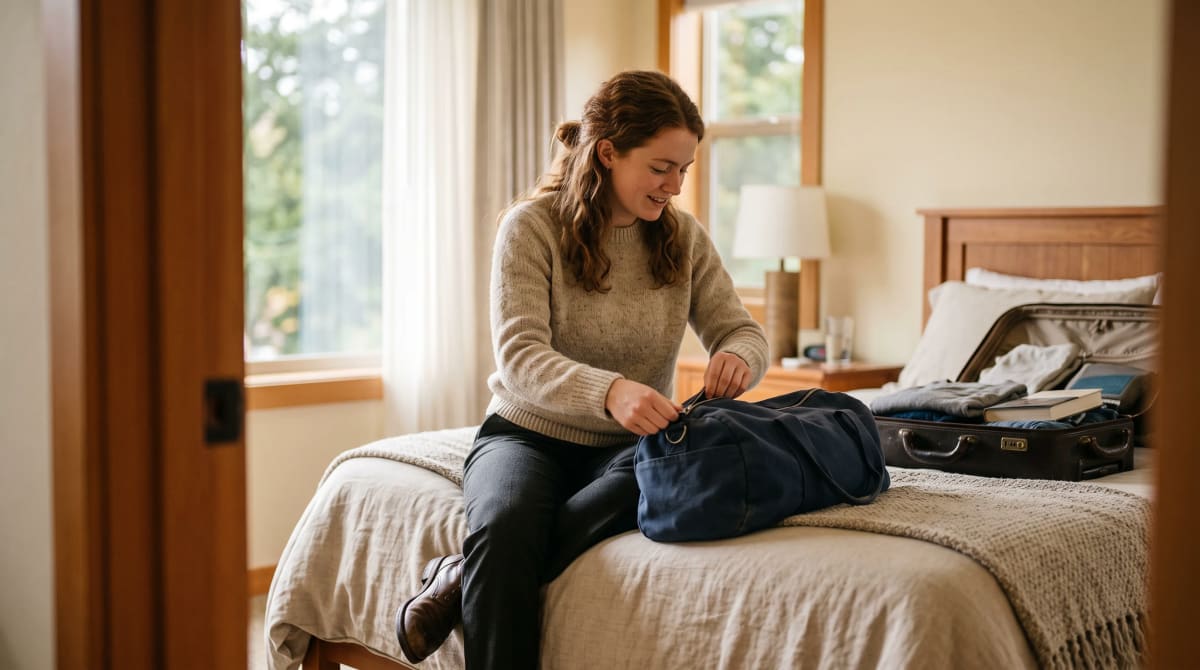 Young woman zipping a duffel on a hotel bed in late afternoon light