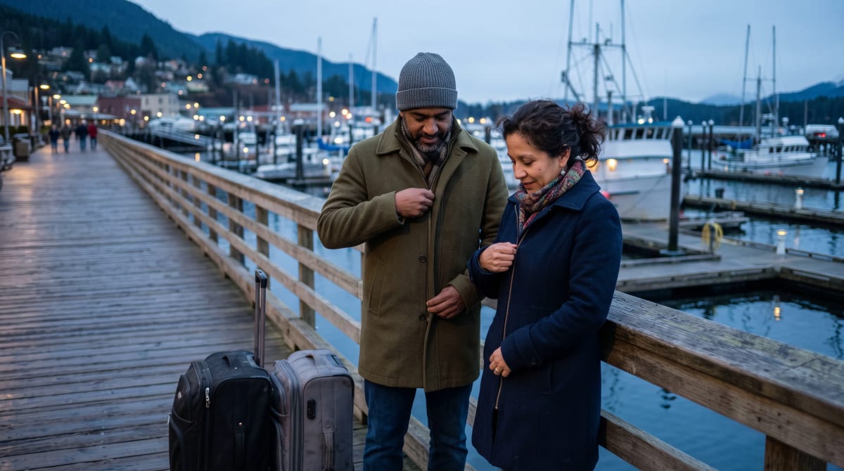 Couple zipping jackets at a harbor railing at blue hour