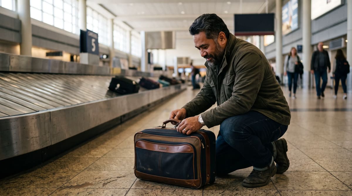Traveler crouched beside a suitcase at a quiet baggage claim
