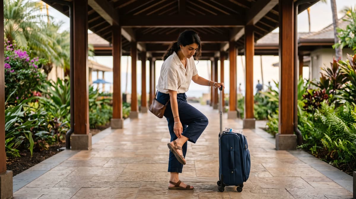 Woman pausing in an open-air hotel breezeway to adjust a shoe