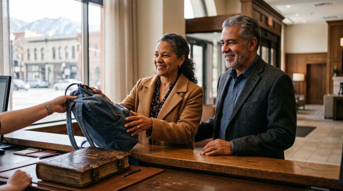 Older couple collecting a daypack at a hotel concierge desk
