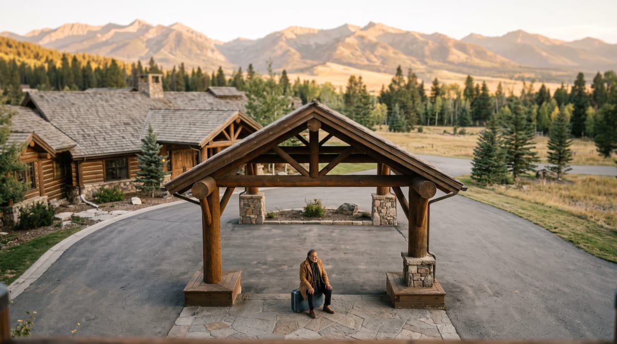 Older man seated on a suitcase under a lodge porte-cochère at golden hour