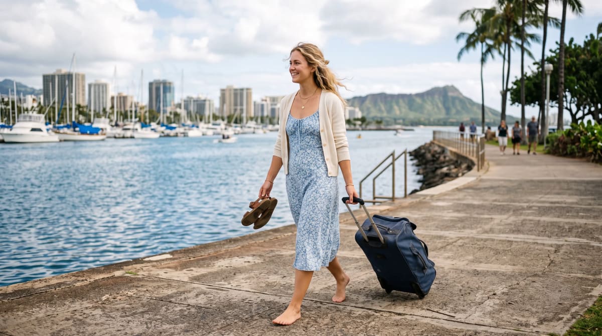 Young woman walking a bayfront promenade with a roller bag