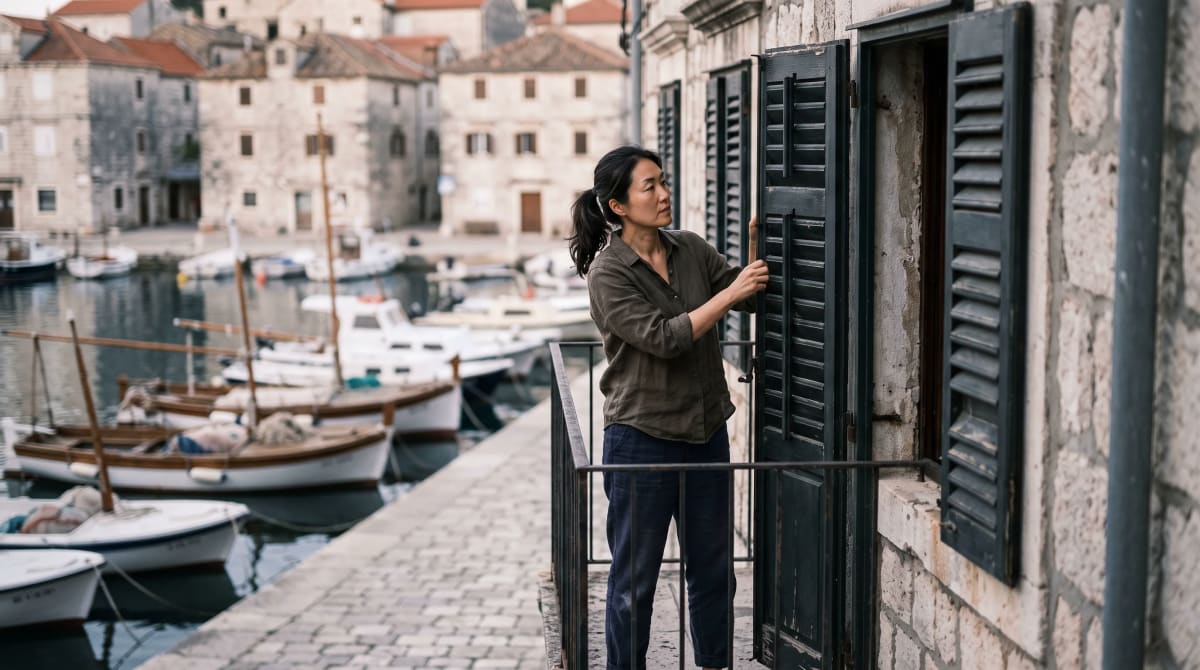 Traveler opening wooden shutters on a small harbor balcony at first light