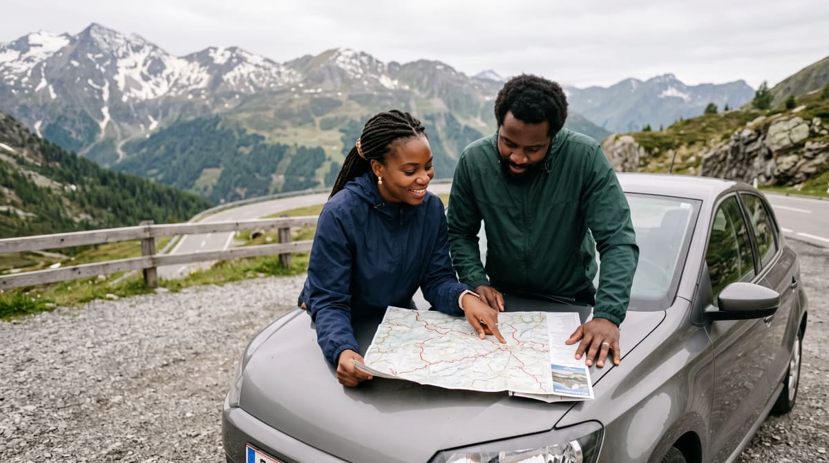 Couple reading a paper map over a hatchback hood at a mountain pullout