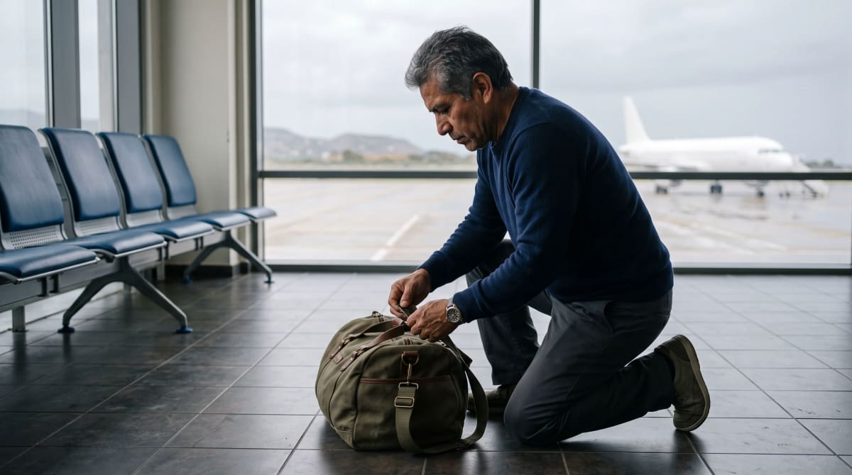 Traveler kneeling to fix a bag strap beside a sparse airport gate