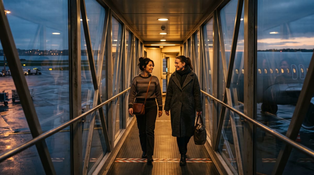 Two travelers pausing mid-stride in a jet bridge at dusk