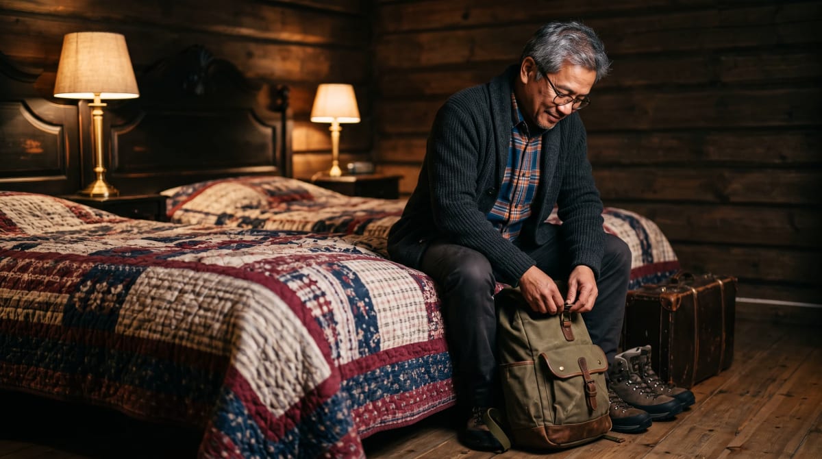 Traveler buckling a backpack at the foot of a hotel bed