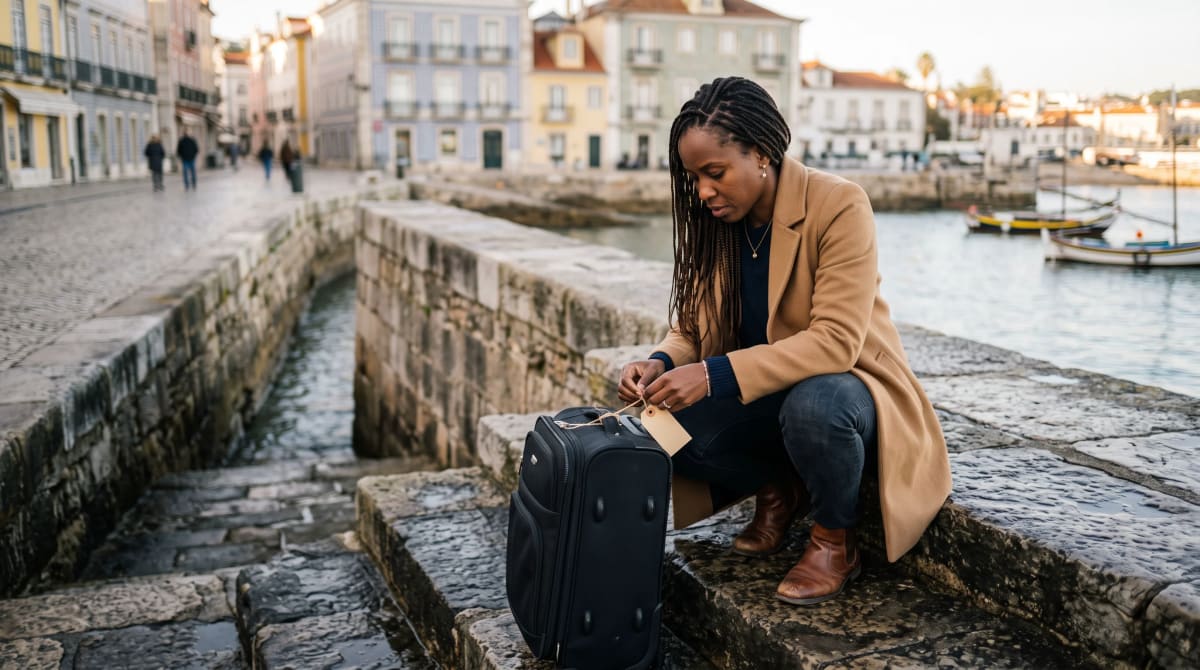 Traveler crouched at a seawall tying a bag tag in late-afternoon light