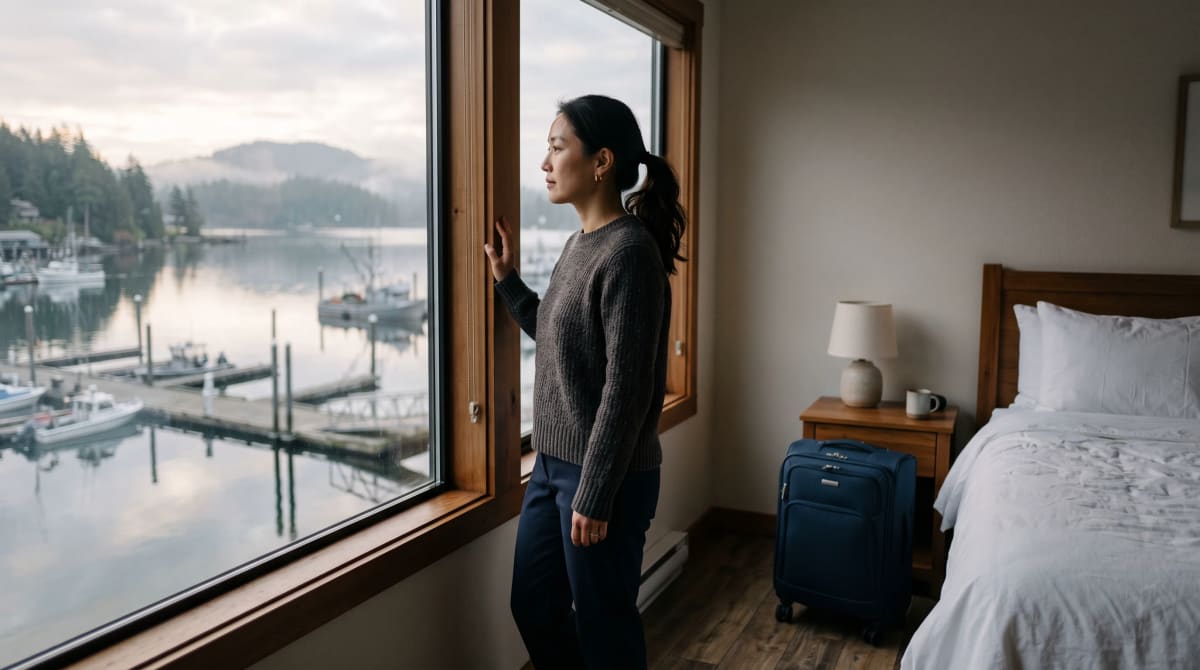 Woman at a hotel-room window overlooking a quiet harbor at early morning with a closed suitcase nearby