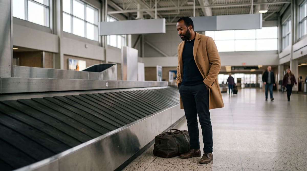 Traveler waiting at an uncrowded airport baggage carousel in soft daylight