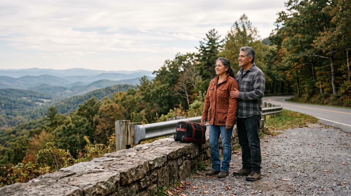 Couple at a quiet forested roadside overlook with a small roller bag