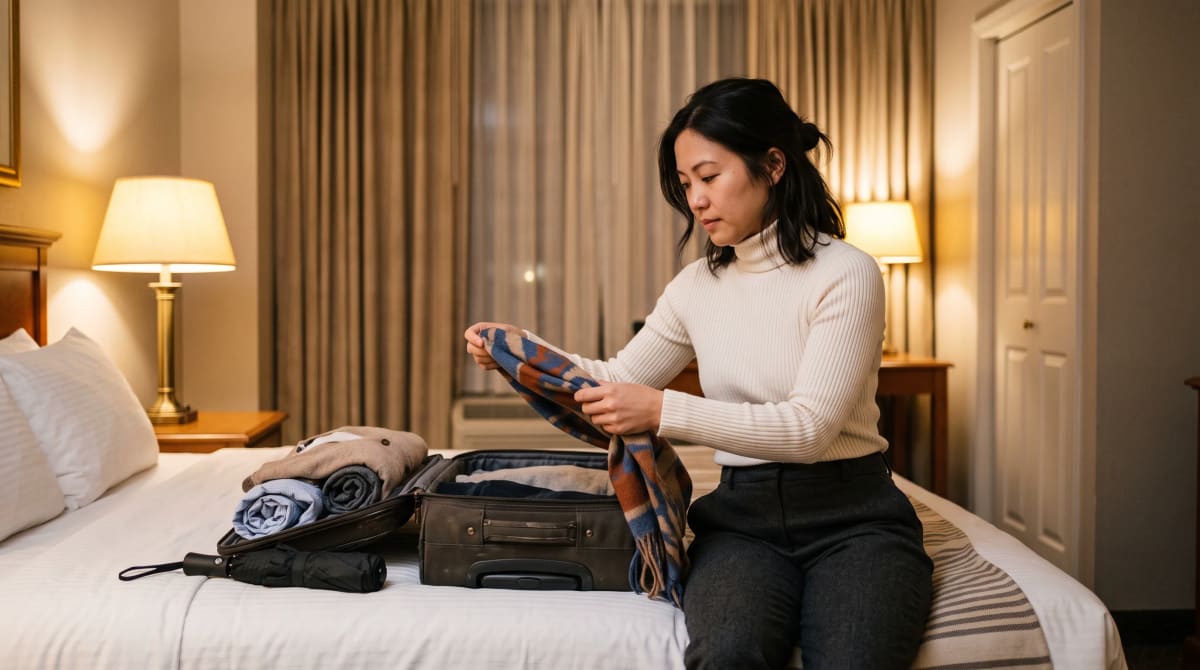 Woman packing an open suitcase on a tidy hotel bed under lamp light