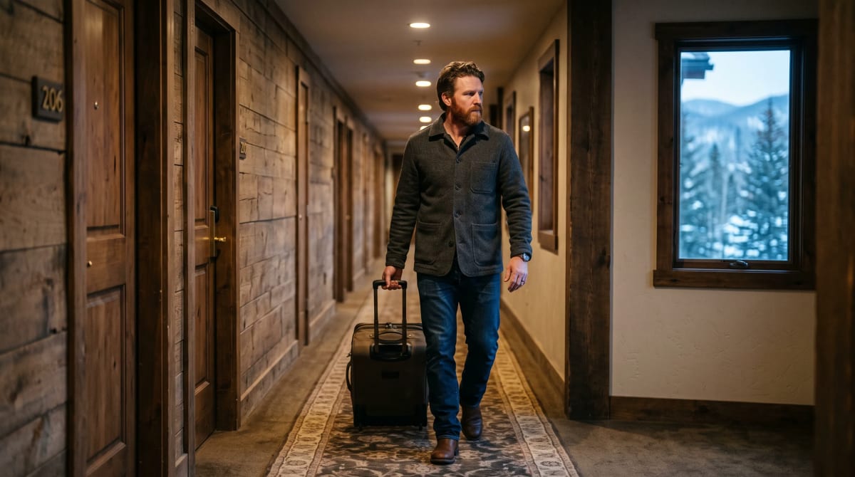 Man walking a quiet mountain-lodge hotel corridor with a wheeled suitcase