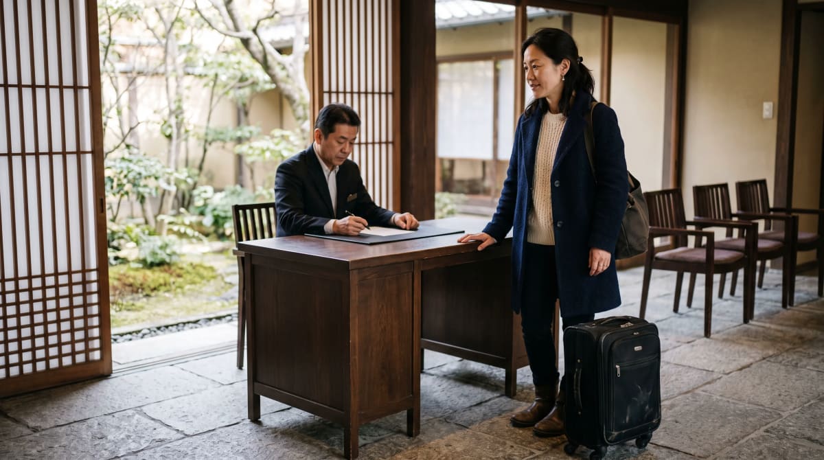 Traveler pausing at a quiet hotel concierge desk in Kyoto morning light