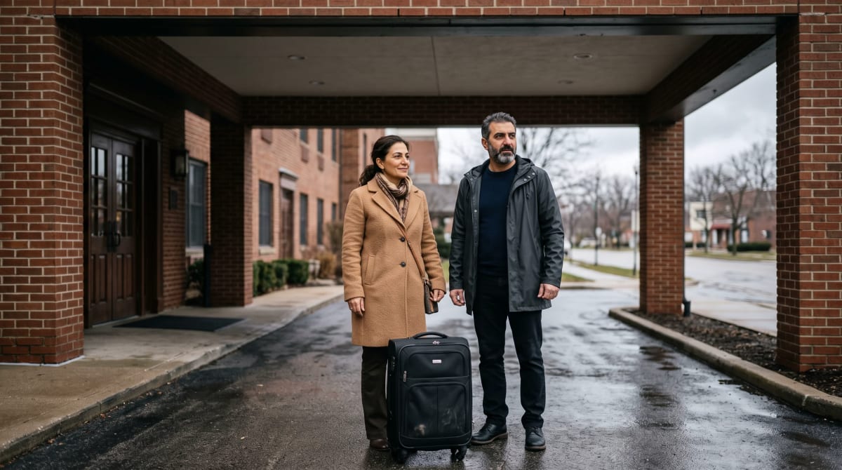 Couple waiting with a suitcase under a hotel porte-cochère
