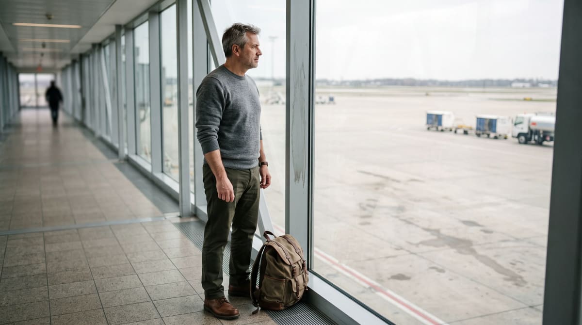 Traveler looking out a jet bridge window toward an empty airport ramp