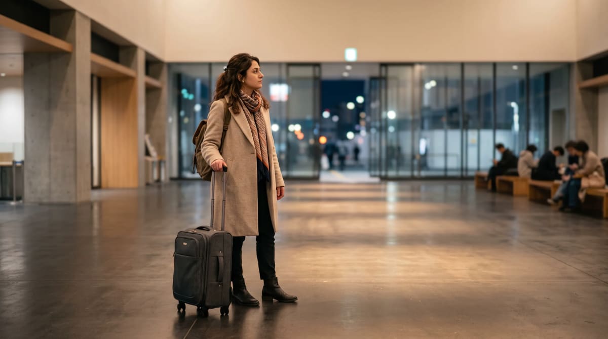 Traveler with luggage in a quiet modern train station waiting hall