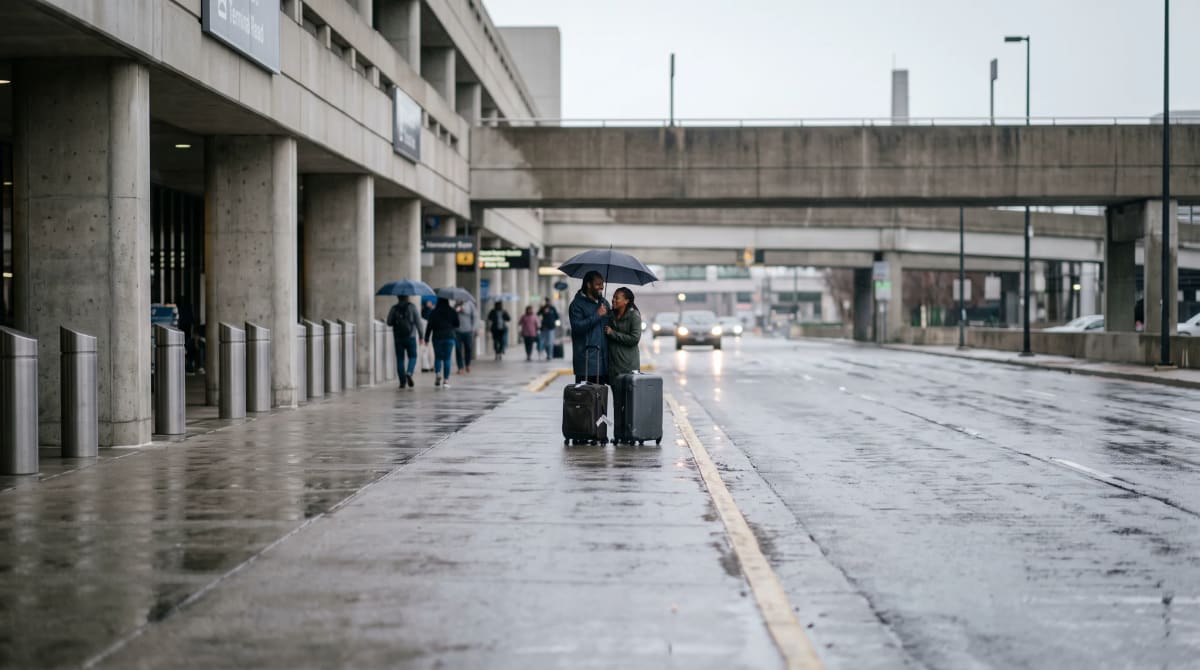 Couple sharing an umbrella with suitcases at a rainy airport curb