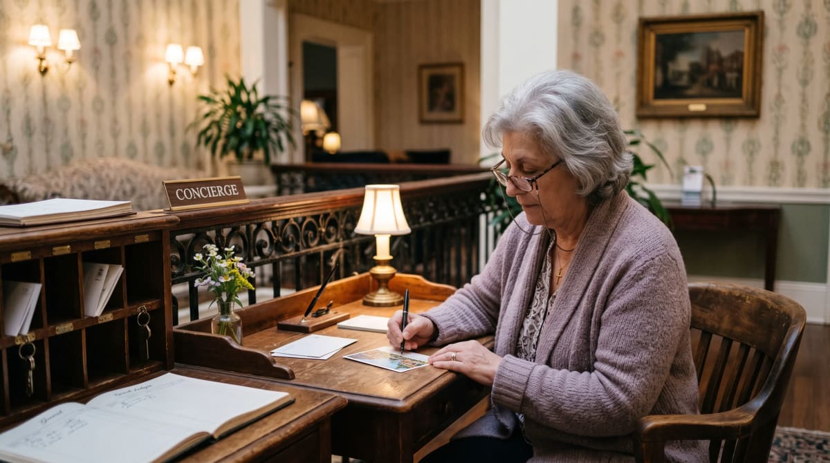Older traveler writing a postcard in a chair beside a hotel desk