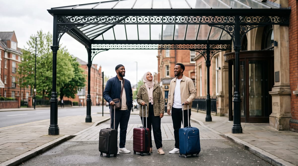 Three friends waiting with suitcases under a hotel canopy at midday