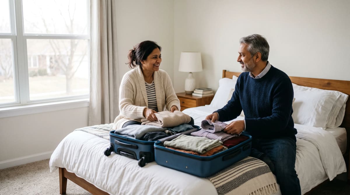 Couple folding clothes into one suitcase on a hotel bed at sunrise