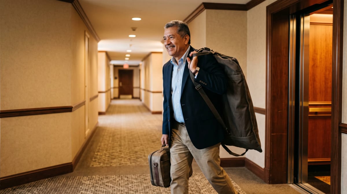 Traveler with a garment bag turning from an elevator into a hotel corridor