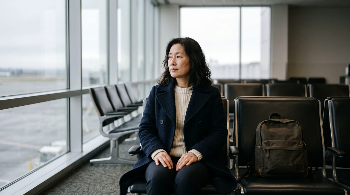 Solo traveler waiting at a quiet airport gate in morning light