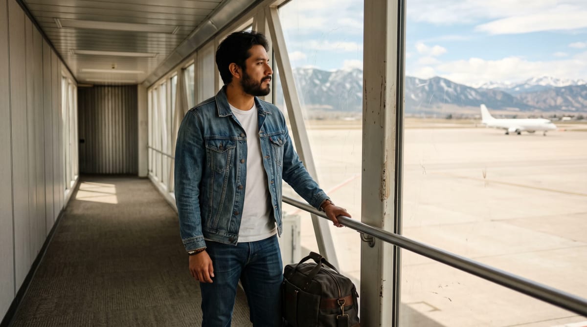 Traveler looking out a jet bridge window toward an empty ramp