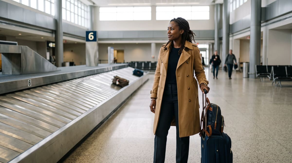 Traveler waiting beside an uncrowded airport baggage carousel