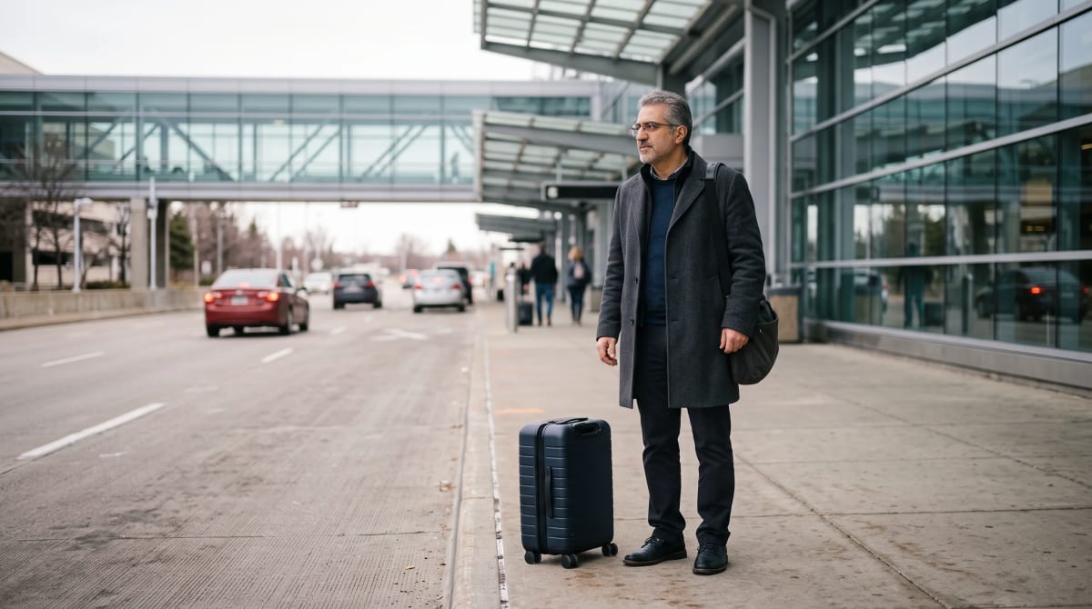 Traveler with a suitcase waiting at an airport curb for a hired car