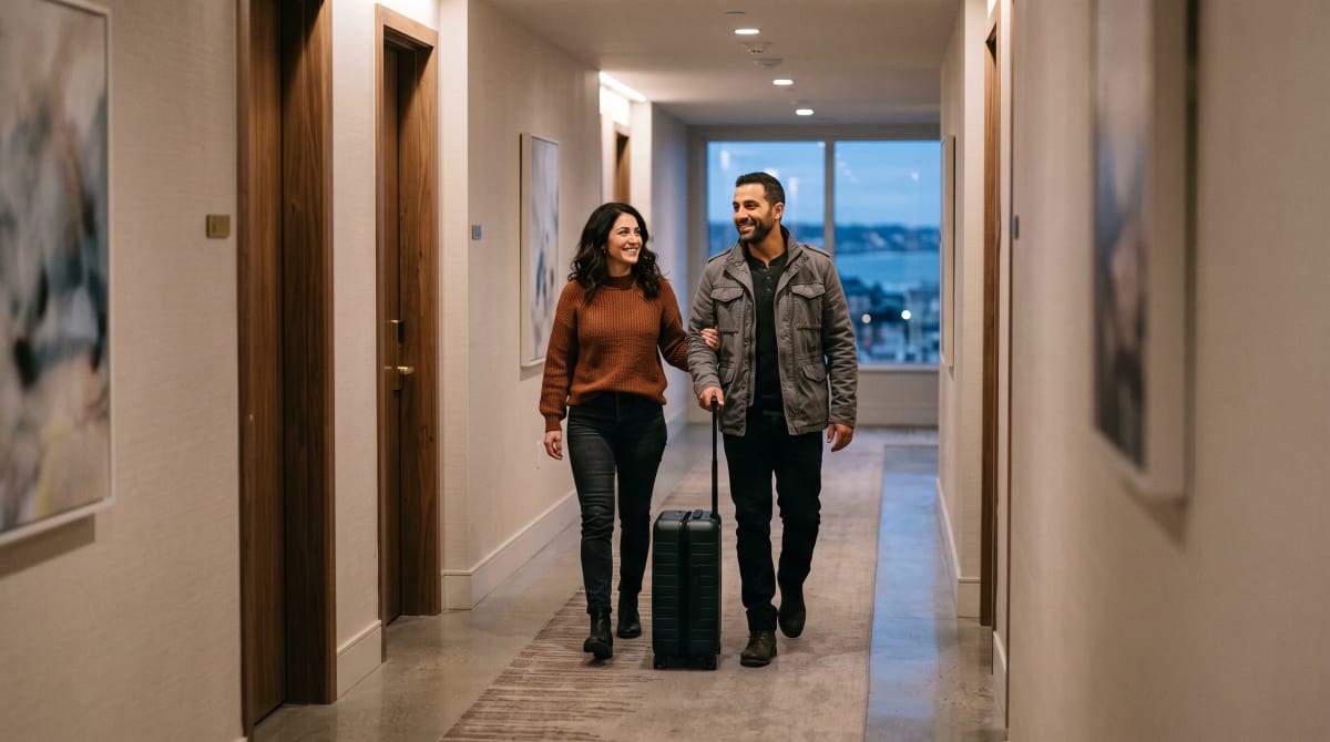 Couple walking a quiet hotel corridor with a suitcase